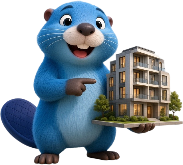 Cantaio’s blue beaver holding a model home